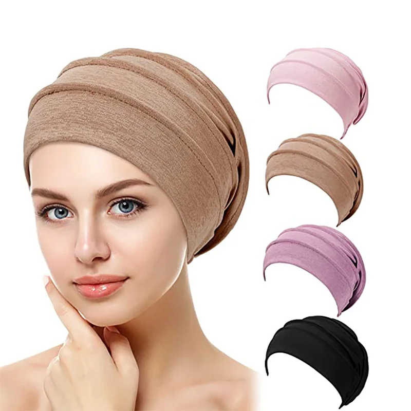 Bonnet en coton Slouch pour femme, bonnet chimio, bonnet document solide, Hijabs intérieurs, couvre-chef musulman, chapeau turban élastique à tête ronde pour femme