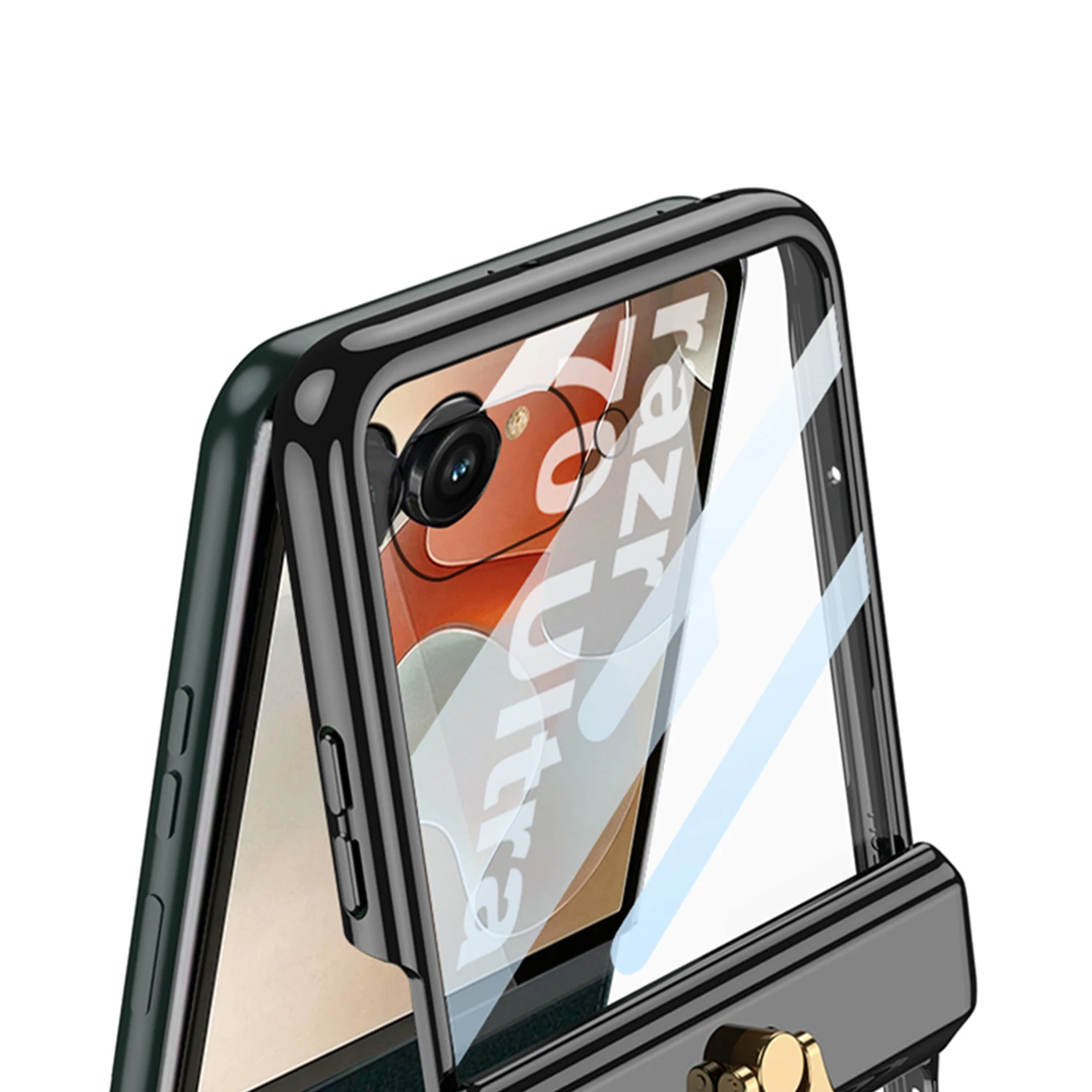 Electroplated Transparent Phone Case with Metal Ring Holder and Hinge Glass Protector