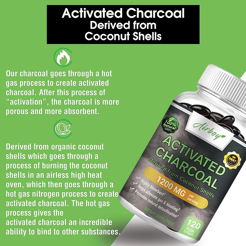 Activated Charcoal Capsules Used To Relieve Bloating and Detoxify The Body Promoting Intestinal Health