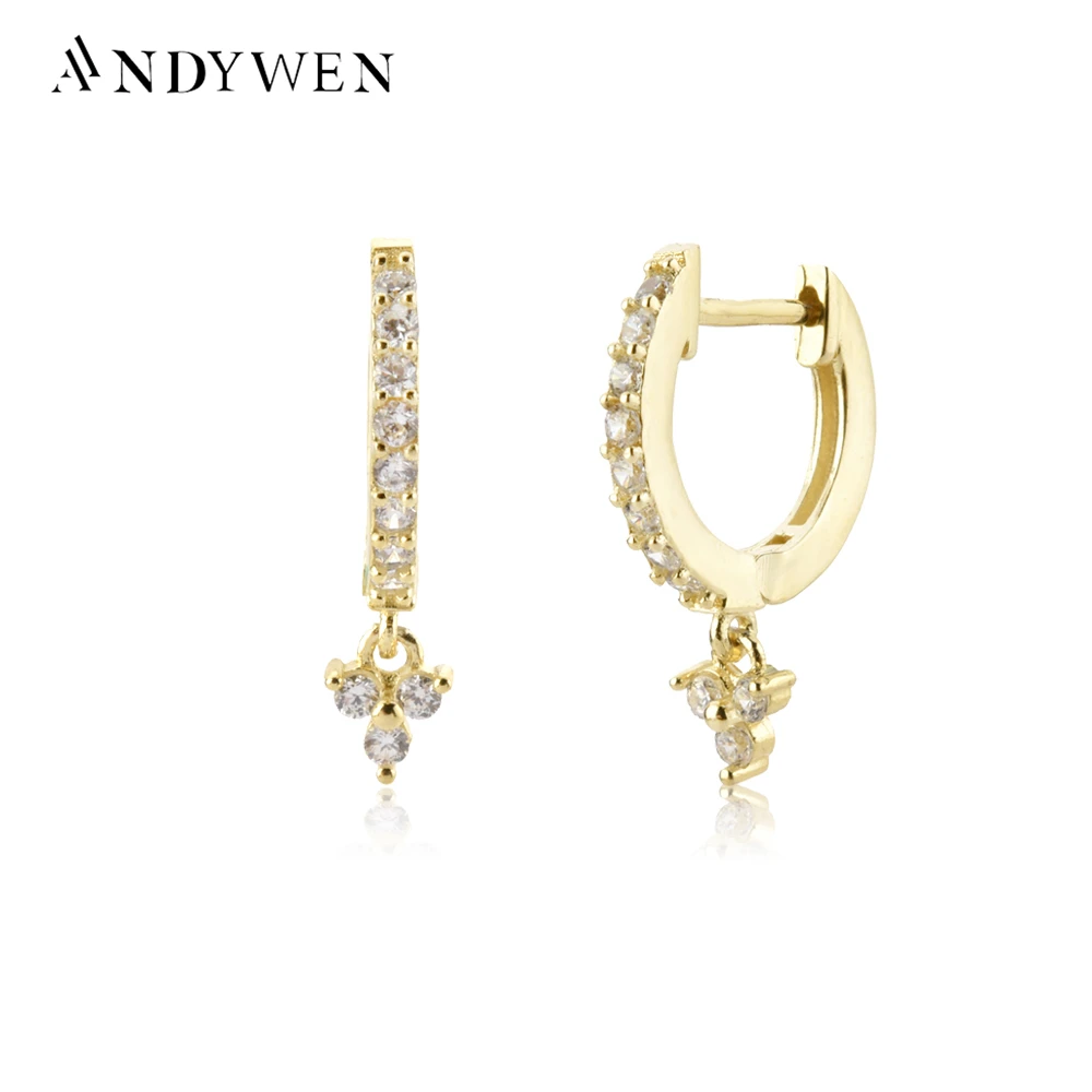 

ANDYWEN 925 Sterling Silver Gold Three Zircon Charm Drop Earring Loops Piercing Pendientes Clips Rock Punk Party Jewelry Gift