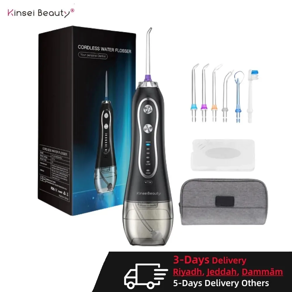 KINSEIBEAUTY Oral Irrigator Water Floss Teeth Whitening Oral Irrigator Ipx7 300ml Water Tank 5 Modes Usb Rechargeable 6 Nozzles