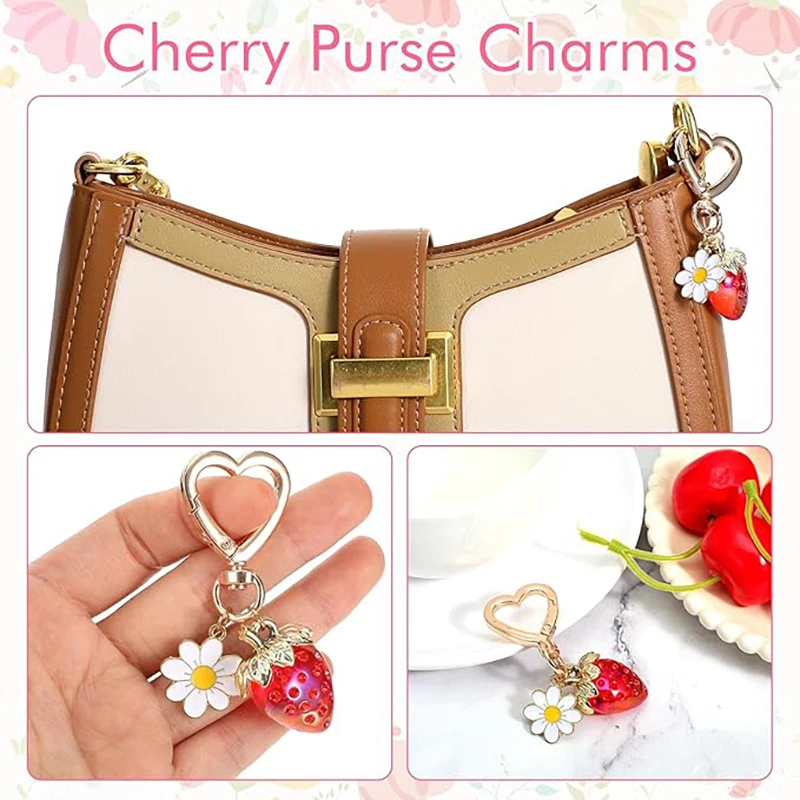 Cute Strawberry Heart Keychain With Daisy Charm – Sweet Summer Fruit Keyring For Purse Or Bag