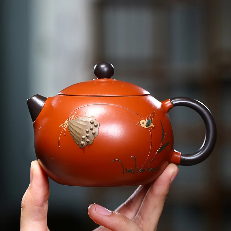 Chinese Style Lotus Seedpod Pattern Teapot, Purple Clay Cinnabar, Kung Fu Household, Handmade, 260ml Xishi Pot, New, 1Pc