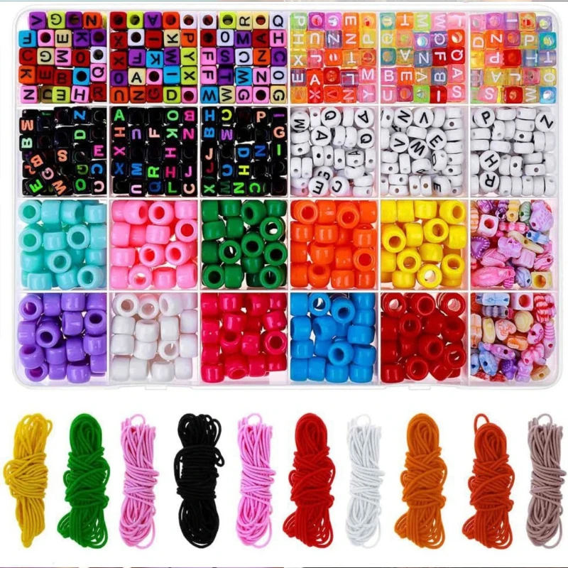 

2XPC Colorful Beads Crystal Letter Beads with Multi Colored Elastic Cords for Necklace Chokers DIY Box Set House Decoration