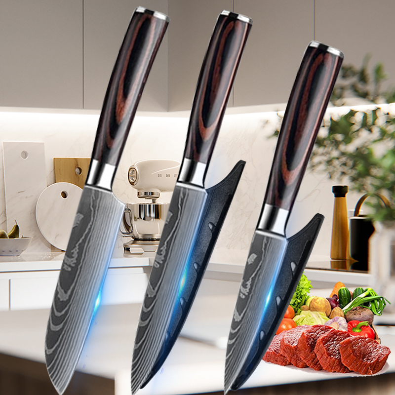 Kitchen Knives Set 3 Pcs Set Stainless Steel 7CR17 440C Laser Damascus Japanese Santoku Cleaver Slicing Utility Chef Knife