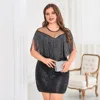 Plus Size Sexy Slim Fit Short Sequin Tassel Pure Color Cocktail Dress Large Size Women Elegant Commute Style round Neck Sleev...
