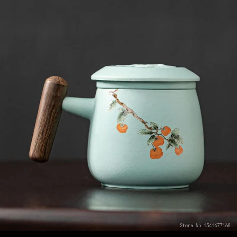 Persimmon Pattern Tea Mug Creative Ceramic Sky Blue Orange, Home, Tea Room, Study, Office Supplies, Milk, Coffee Cup, 350ml, 1Pc