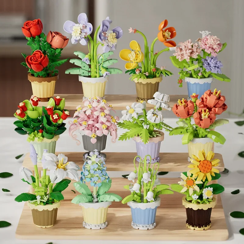 꽃 마이크로 빌딩 블록 DIY 화분 옥수수  3D 모델, MOC 릴리 히아신스 ..