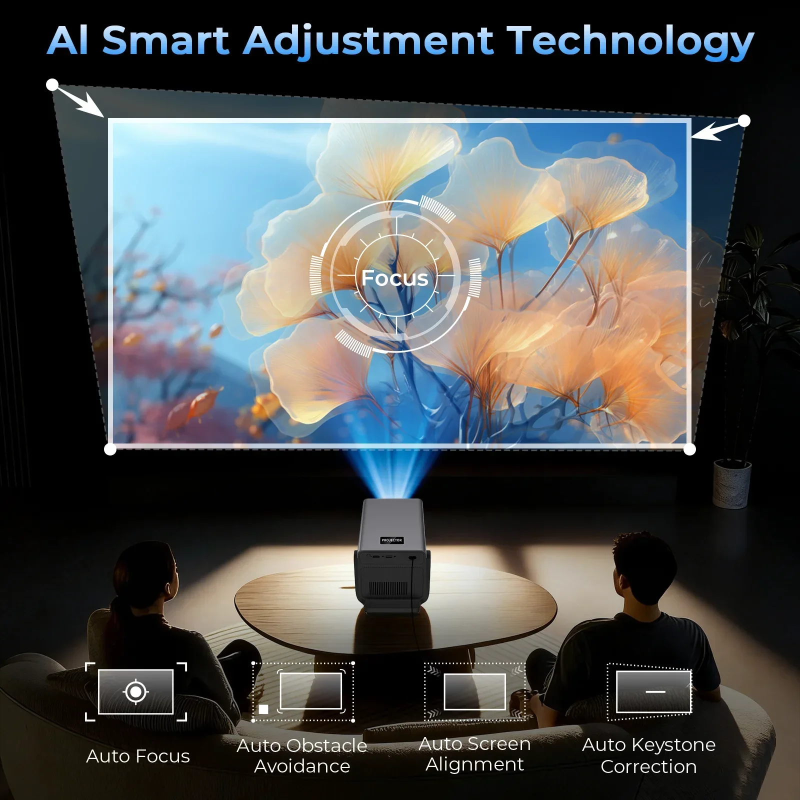X7 AI 스마트 프로젝터 (안드로이드 14 OS, 돌비, 8K 지원, 1080P UHD 2000 ANSI, Wifi6 & 블루투스5.4, 200인치 디스플레이, 홈 시네마)