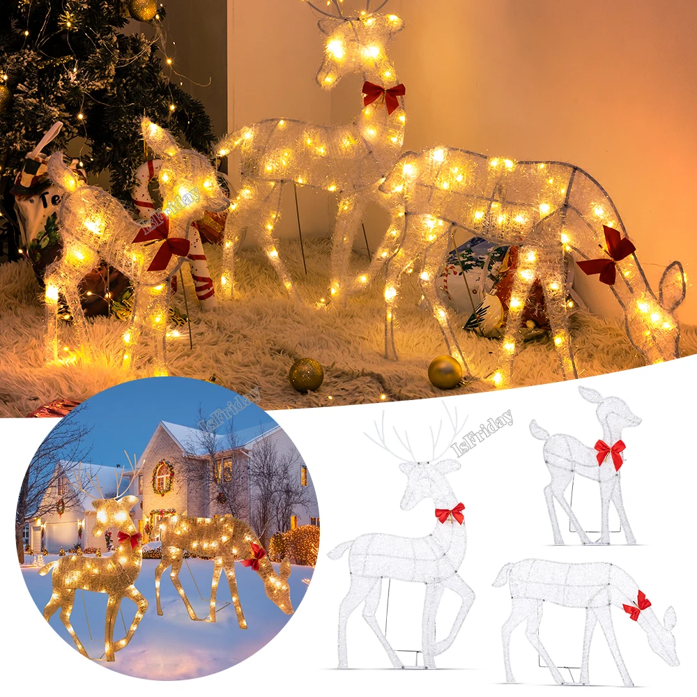 

3PCS Handmake Iron Art Elk Deer Christmas Garden Decor &LED Light Glowing Glitter Reindeer Xmas Home Outdoor Yard Ornament Decor