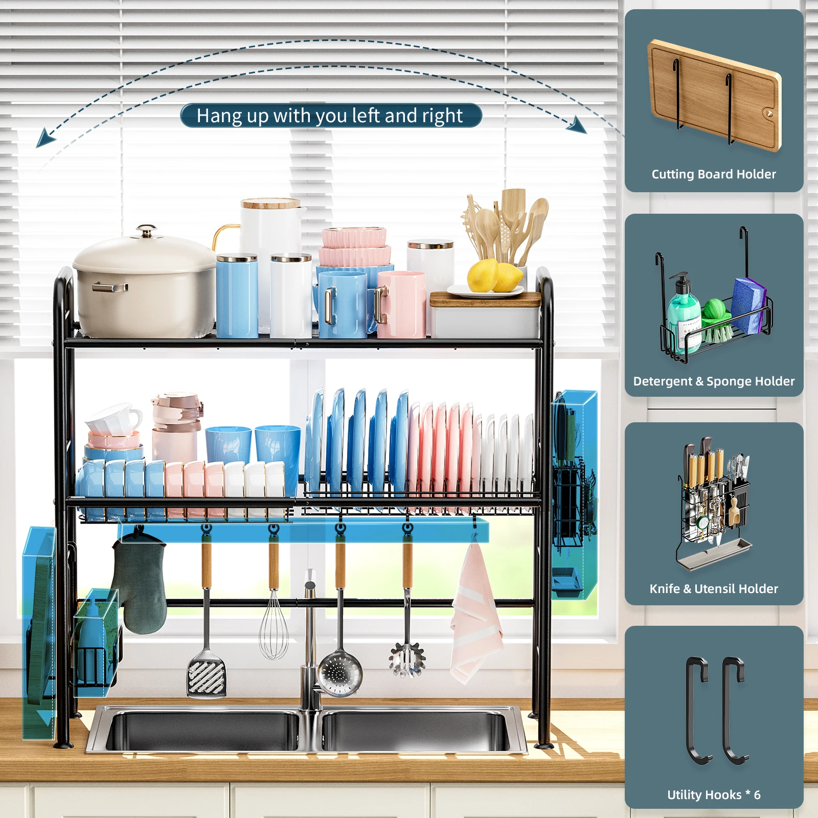 dish drying rack,Storage rack above kitchen sink with hooks,Suitable for storing pots, cutlery,chopsticks，No need to punch holes 5