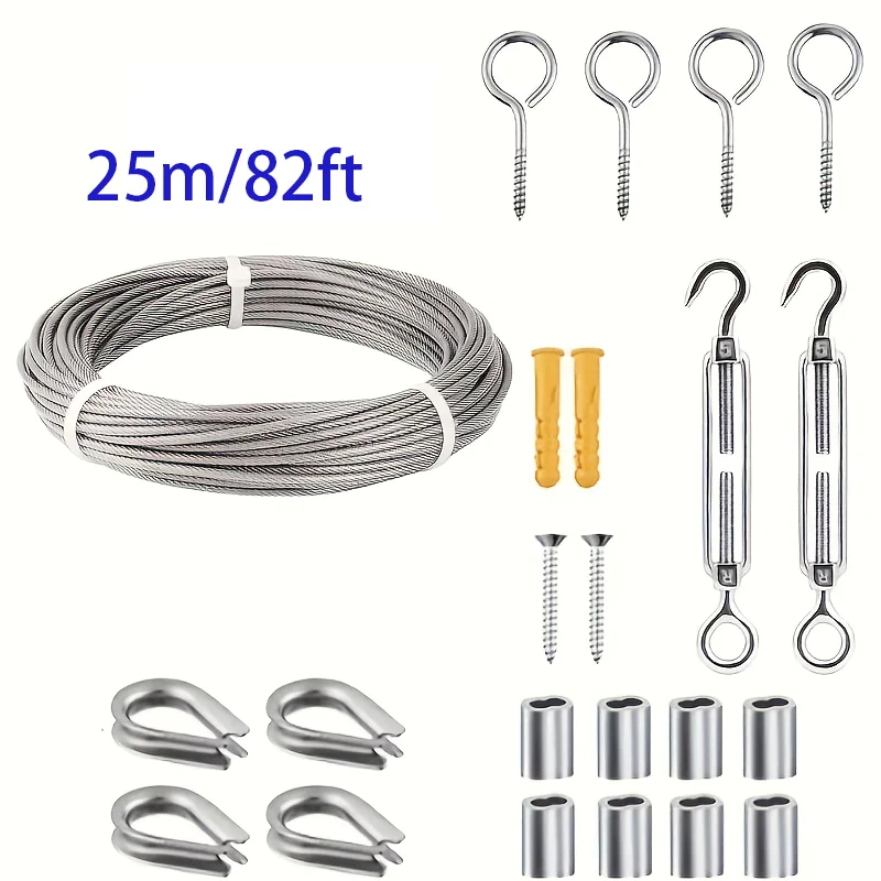 1개, 액세서리 포함, 코팅된 2.0mm 강철 와이어 로프, 15/25/30/55m 스테인레스 스틸 와이어 로프 세트, PVC 코팅 - 내구성 있는 304 등급, 보관 및 정리에 적합, 빨랫줄, 빨랫줄