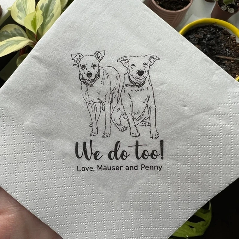 

50pcs Custom Dog Wedding Cocktail Napkins, Personalized Pet Illustrations, Sketch from Photo, Dog Lover Wedding,Pet Art Napkins