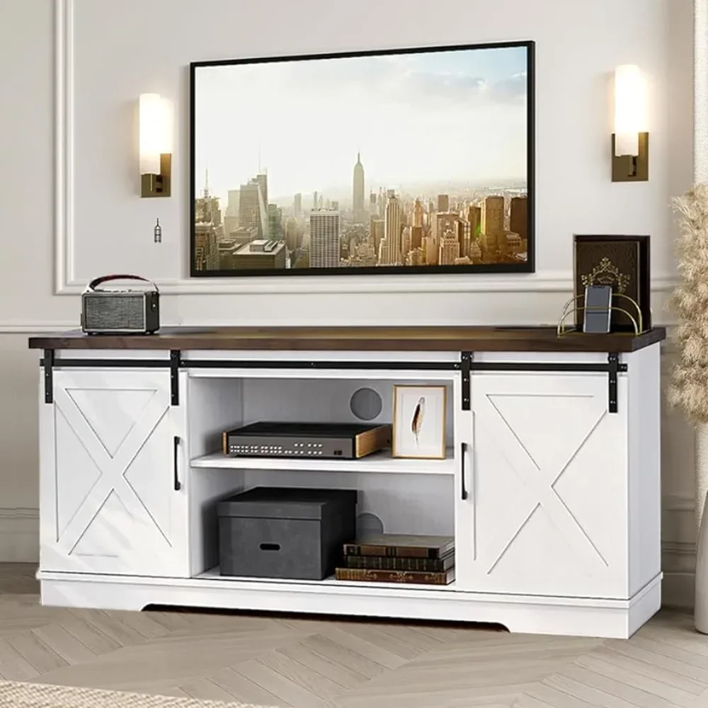

TV Cabinet, 65 Inch, Barn Door TV Cabinet with Storage and Shelves, Modern Console Living Room Table Furniture (White)