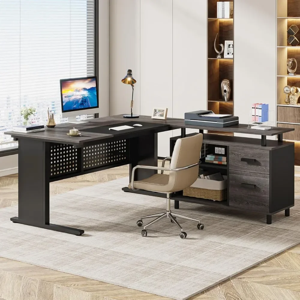 NEW-63 Inch Executive Desk with File Cabinet, Large Office Desk L Shaped Computer Desk with Drawers and Storage Shelves, Busines
