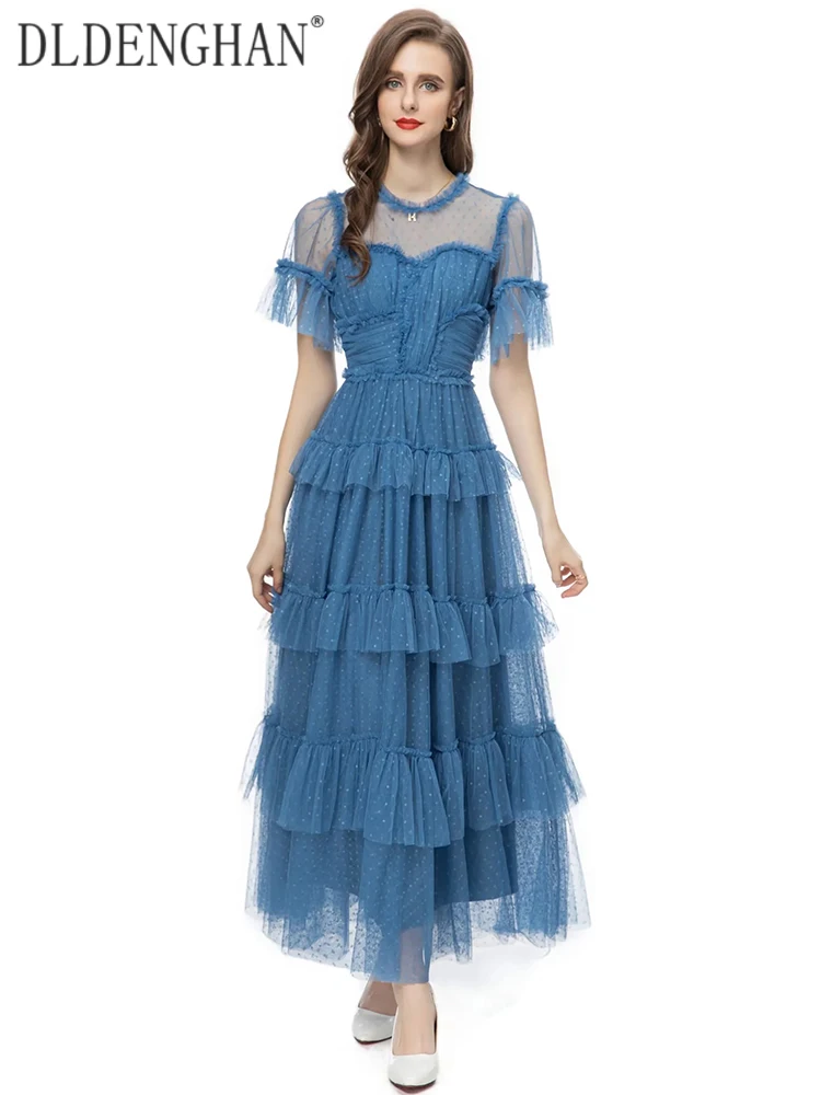 

DLDENGHAN Autumn Dot Mesh Dress Women O-Neck Butterfly Sleeve Ruffles Elegant Party Long Dresses Fashion Designer New