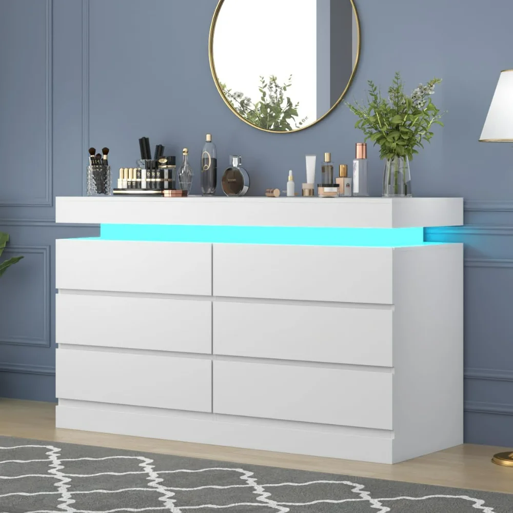 6 Drawer Dresser with Power Outlet, Dresser with LED Light, Chest of Drawers for Closet, Double Wide Drawer Organizer Cabinet 6