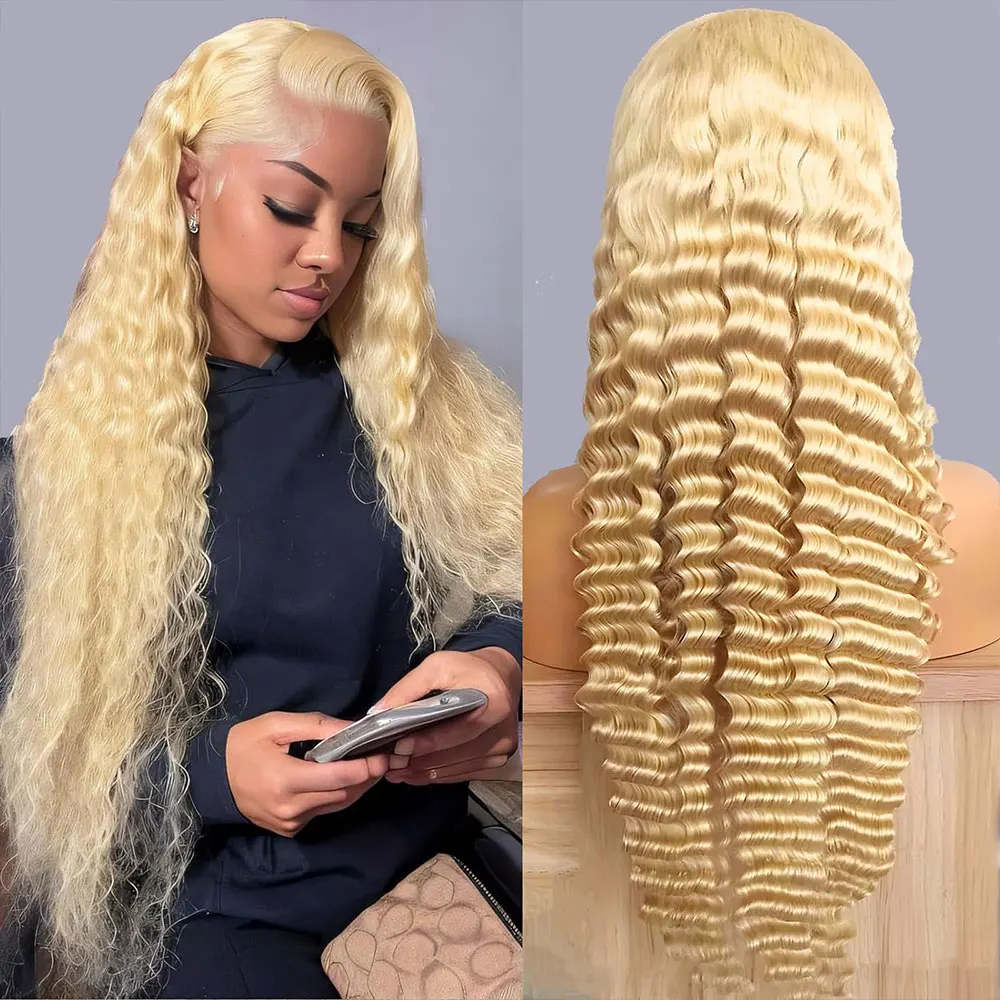 13x4 Lace Front Wig Human Hair ,200% Density Blonde Deep Wave Wigs Human Hair Pre Plucked, 613 HD Lace Frontal Wig 1