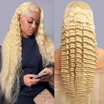 13x4 Lace Front Wig Human Hair ，200% Density Blonde Deep Wave Wigs Human Hair Pre Plucked, 613 HD Lace Frontal Wig 1