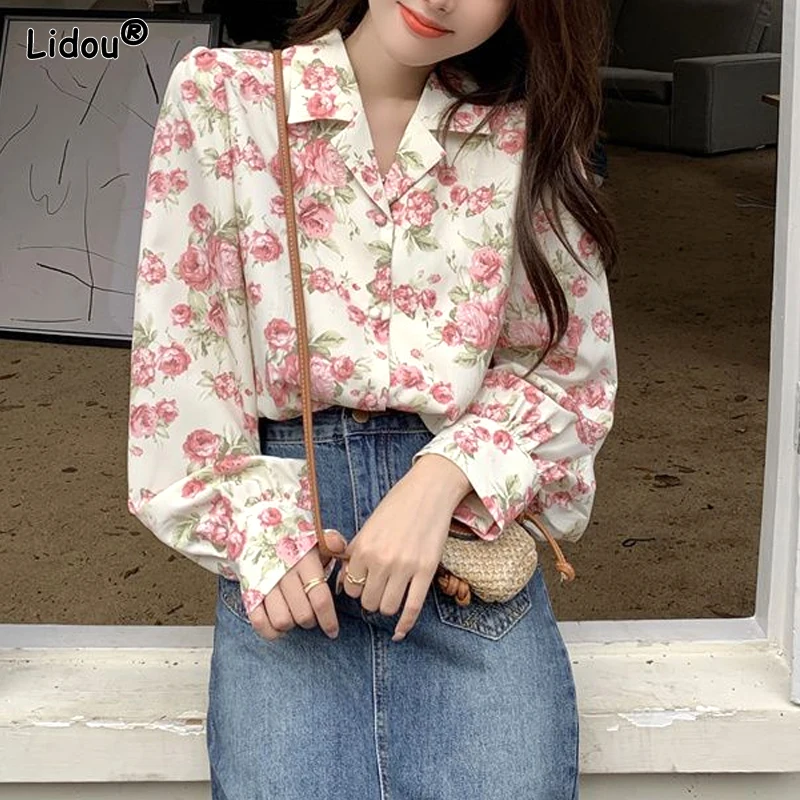 Korean Elegant Fashion Floral Casual Blouses Temperament Spring Summer Thin Printing Button Turn-down Collar Women's Clothing