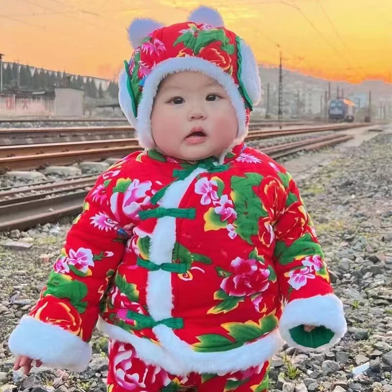 Chinese Festive Large Flower Coat Kids Children Baby Anti-cold Thicken Plush Cotton Coat Lucky Happy Clothes Xmas New Year Gifts