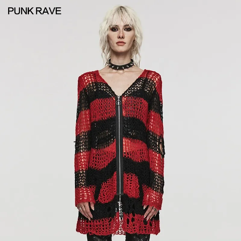 

PUNK RAVE Women's Punk Style Sweater Woven Soft Woo Sweater Fashion Casual Irregular Personality Holes Striped Cardigan