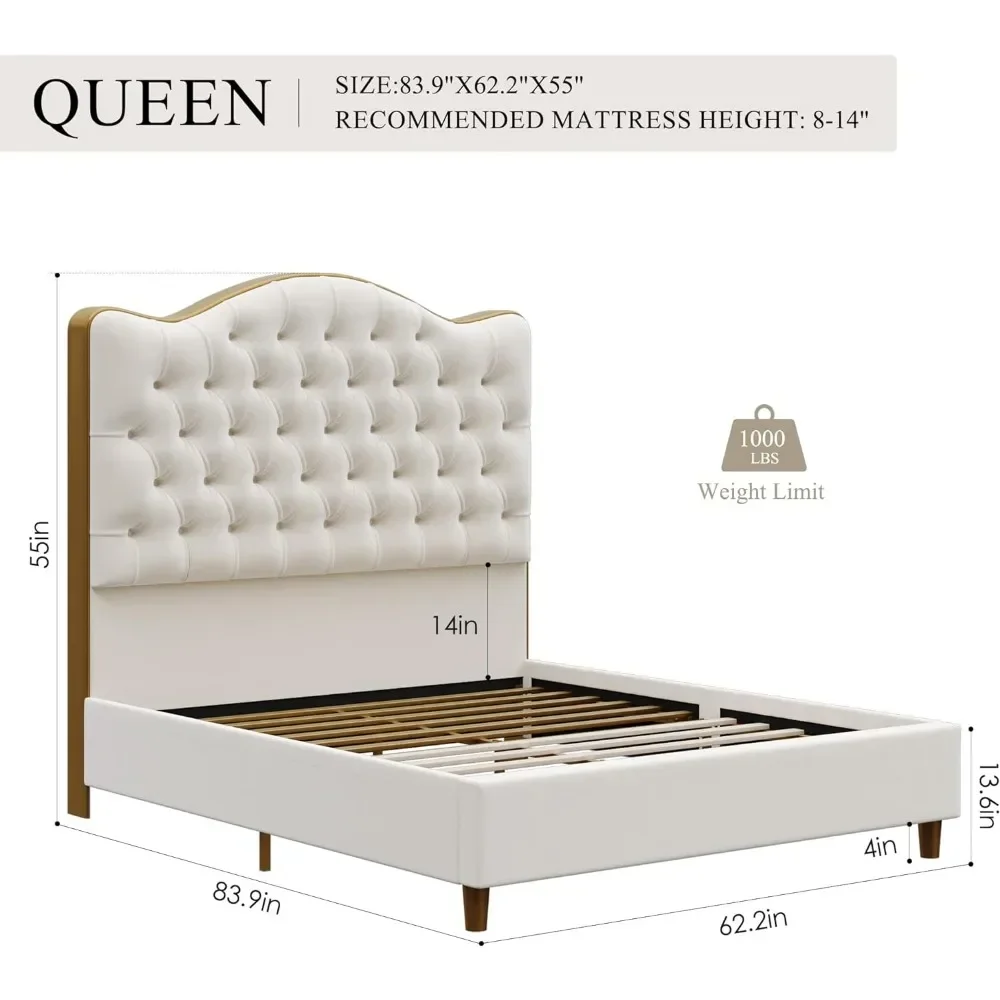 Queen/King Size Platform Bed Frame with 55" Tall Curved Headboard, Modern Velvet Upholstered Bed Frame with Deep Tufted Button 6