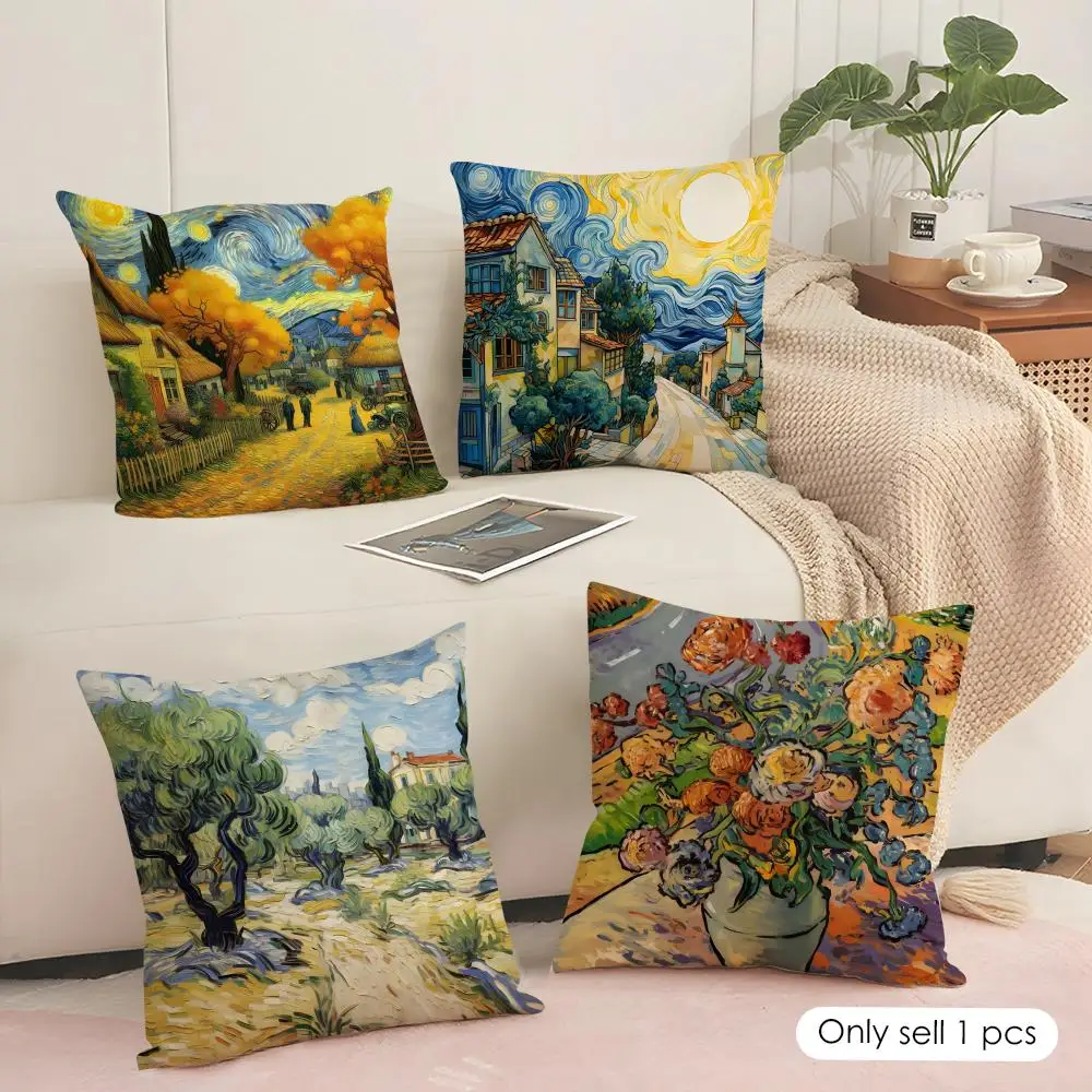 1pc V-Van G-Gogh 유화 쿠션 커버 짧은 플러시 양면 인쇄 사각형 투척 베개 커버 소파 홈 쿠션 장식