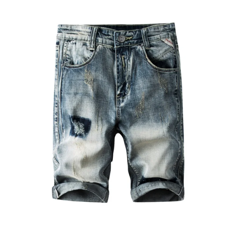 2024New Retro Biker's Denim Shorts Men's Nostalgic Hole & Patch Slim Fit Straight Trend Personality Summer Pirate Shorts
