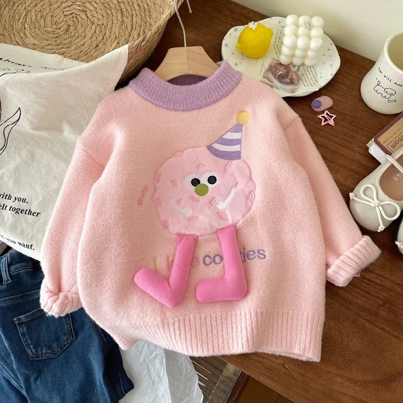

2024 Baby Girls Knitted Sweater Autumn Winter Kids Mink Velvet Warm Print Long Sleeve Tops Toddler Children's Pullover Knitwear