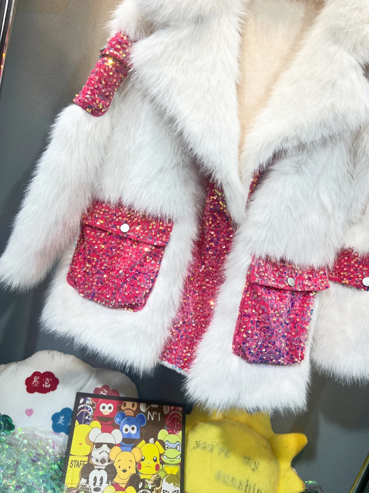 Shiny Sequins Piink Pockets Warm Fur Overcoat Women Winter Thikcen Outwear Mid-long Loose Colorblock Faux Fur Jacket Casual Coat