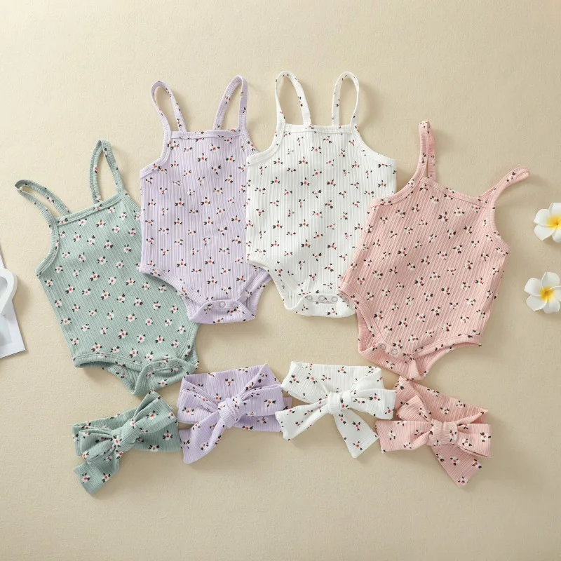 

Summer Baby Girl Clothes Floral Crawling Suit with Stripes Printed Suspender Trendy Jumpsuit 1 To 3 Years Old Kids Clothes