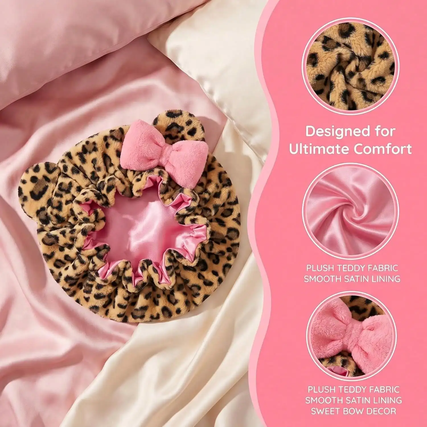 Cuffia per Capelli in Peluche con Stampa Leopardata e Grande Fiocco, Morbida e Soffice, Foderata in Raso, per Dormire, con Orecchie da Orso Regolabili - immagine 2