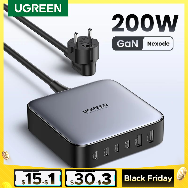 UGREEN 200W GaN Charger Desktop Laptop Fast Charger 6 in 1 Adapter For iPhone 13 12 Pro Max Xiaomi Samsung Tablets Phone Charger