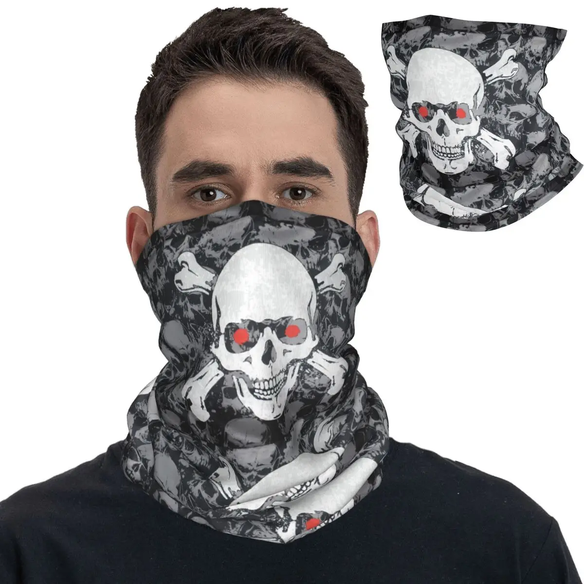 

Pirate Flag Skull Bandana Neck Cover Printed Brass Grommets Halloween Theme Wrap Scarf Warm Headwear Riding Unisex Breathable
