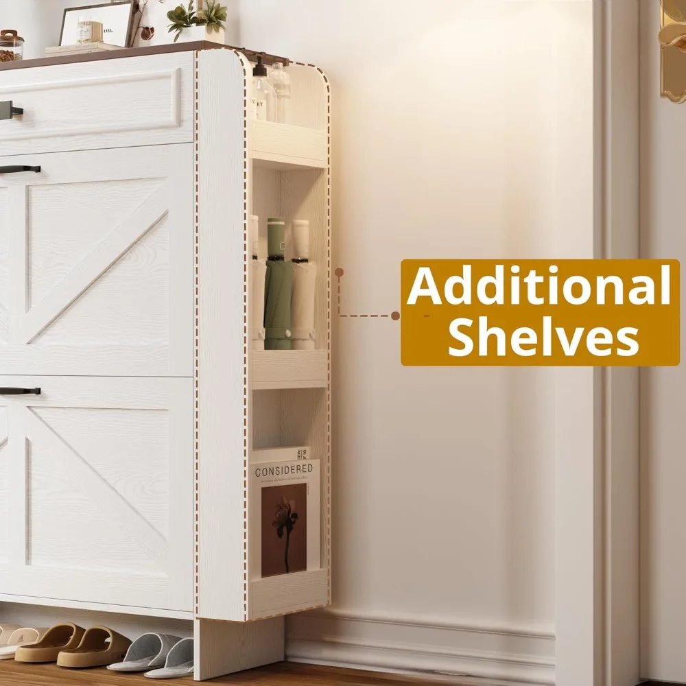 shoe storage cabinet with 2 flip drawers & barn door design, freestanding shoe cabinet organizer with drawer and shelves for en