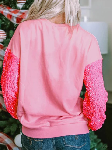 Women s Christmas Loose Pullover Glitter Sequin Long Sleeve Crew Neck Reindeer Printed Sweatshirt with Pockets 1