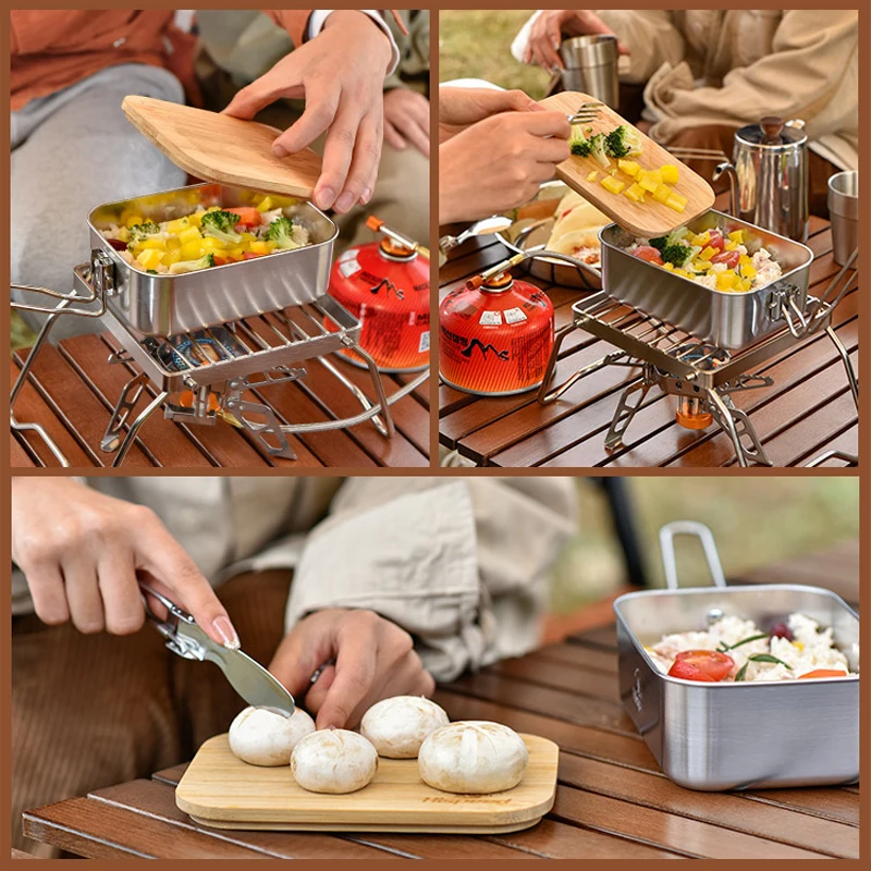 304 Stainless Steel 2 in 1 Outdoor Cooking Lunch Box Portable Bamboo Lid Hiking Camping Bento Box Picnic Food Storage Container 5