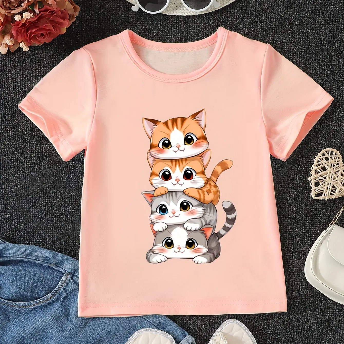 Cute Anime Cat Pattern Printed Girls Cotton T-Shirt Summer Kids Short Sleeve T-Shirt Pajamas Comfortable Soft Fabrics 2