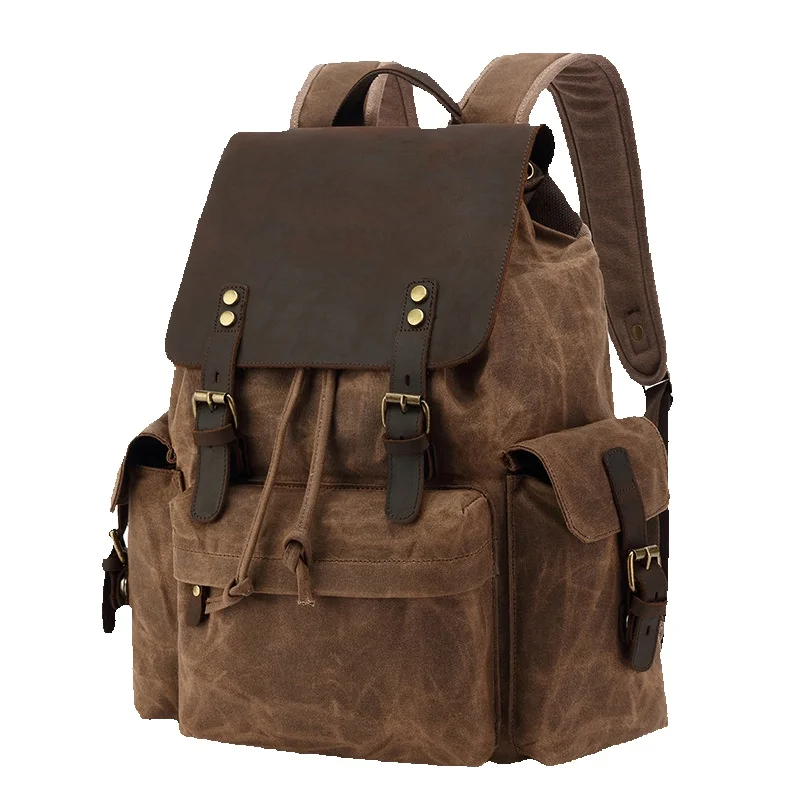 LazyZoom Canvas für Männer und Frauen Outdoor-Sport Wandern Reise Rucksack Student Schultasche gewachst mit Crazy Horse Leder Yama_voghion.com