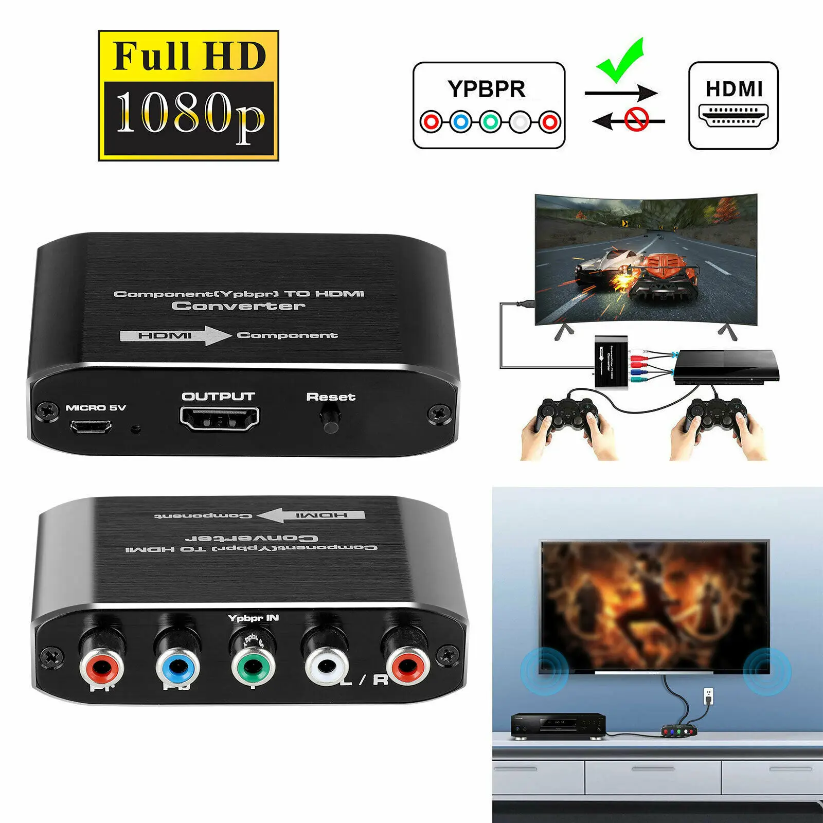 1080P Component to HDMI Converter YPbPr L/R RCA Stereo Audio to HDMI Converter Adapter for HDTV PS2 PS3 HDVD Player Wii Xbox vga to hdmi converter