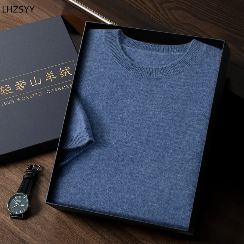 

LHZSYY Men's New Pure Cashmere T-Shirt Spring Summer Round Neck Knit Short Sleeve Thin Sweater Casual Loose Half Sleeve Tops2024