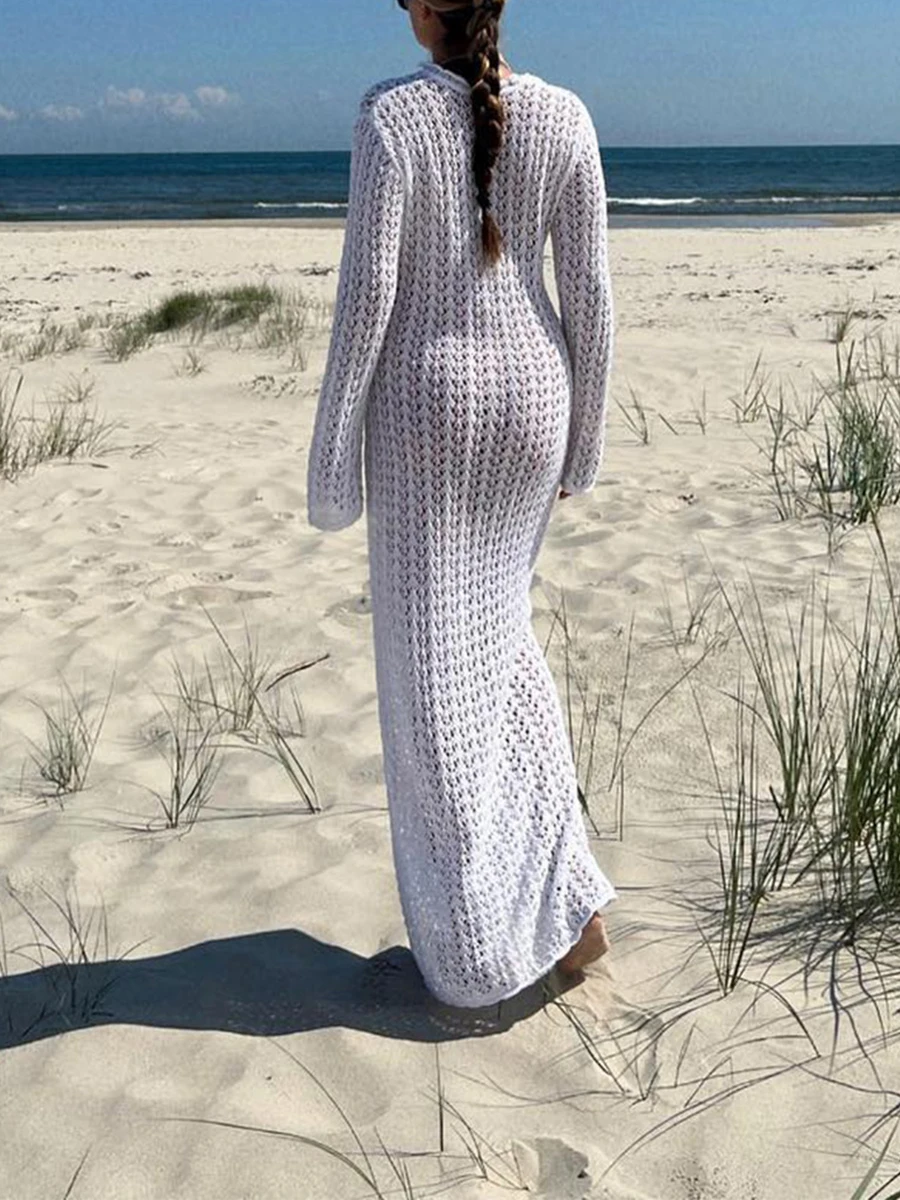 

Women Y2k Crochet Maxi Cover Up Dress Long Sleeve See Through Hollow Out Slim Long Knit Dress Beach Swimmwear