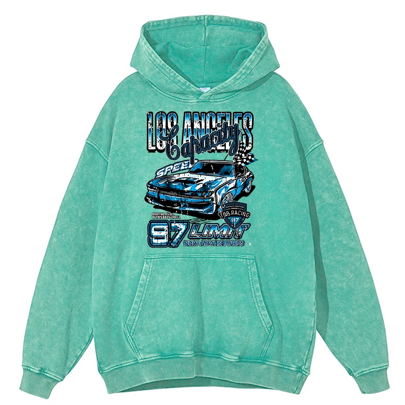 thumbnail image 1 of Sudadera con capucha holgada informal de gran tamaño para hombre, estilo retro, desgastado, con estampado de Los Ángeles, para carreras extremas, 100 % algodón, 1 of 5