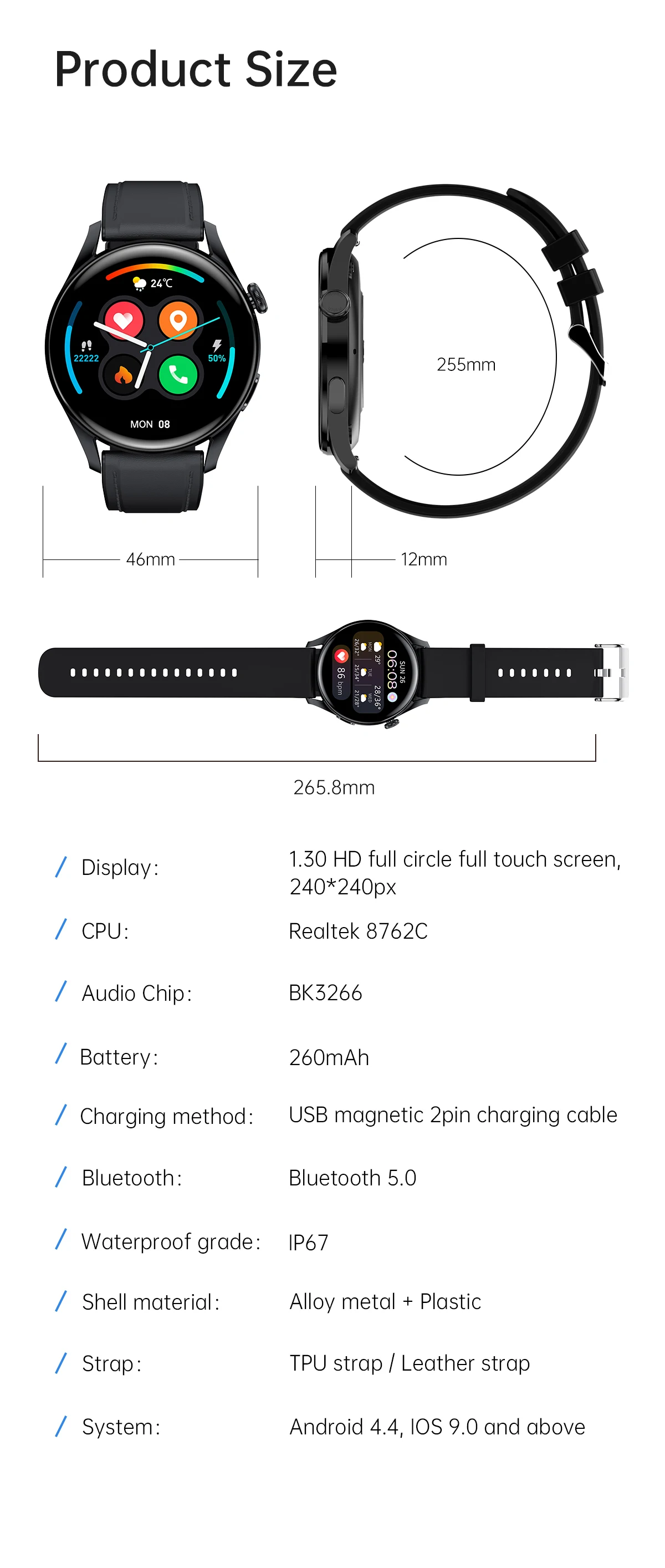 2022 Body temperature Bluetooth-compatibl calling Music control Heart rate Blood pressure  A variety of sports mode Smart watch