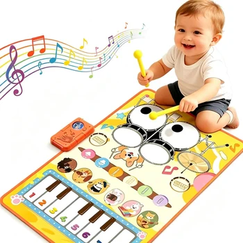 Tappetino musicale per bambini con pianoforte e tamburo, strumenti educativi da pavimento, tastiera musicale, tappeto con tamburo, giocattoli educativi per bambini e bambine, regalo per neonati.