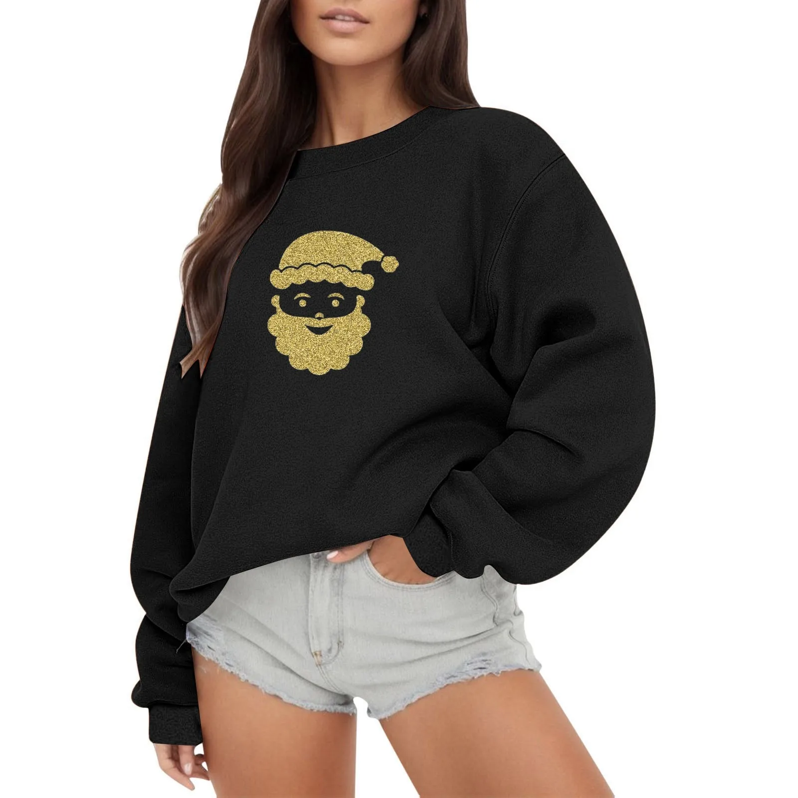 

Женское повседневное и модное свободное облегающее однотонное рождественское длинное худи с круглым вырезом и принтом с имитацией золотого тиснения, женское теплое