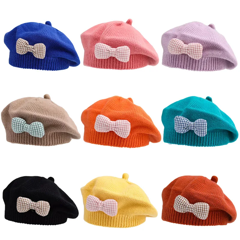 Cute Bow Princess Baby Girl Hat Kids Knitted Beret Hats for Girls Fashion Spring Winter Children Cap Baby Accessories 1-4Y 1