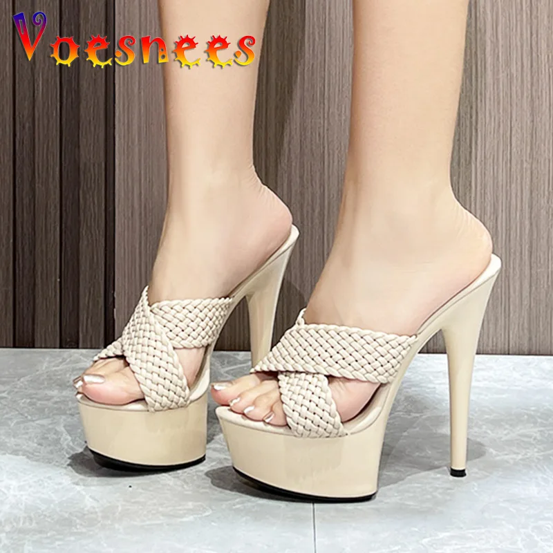 Women Slippers 15CM Summer Thin High Heels Pumps Black Fashion Weave Sandals Plus Size Europe And America Ladies Shoes