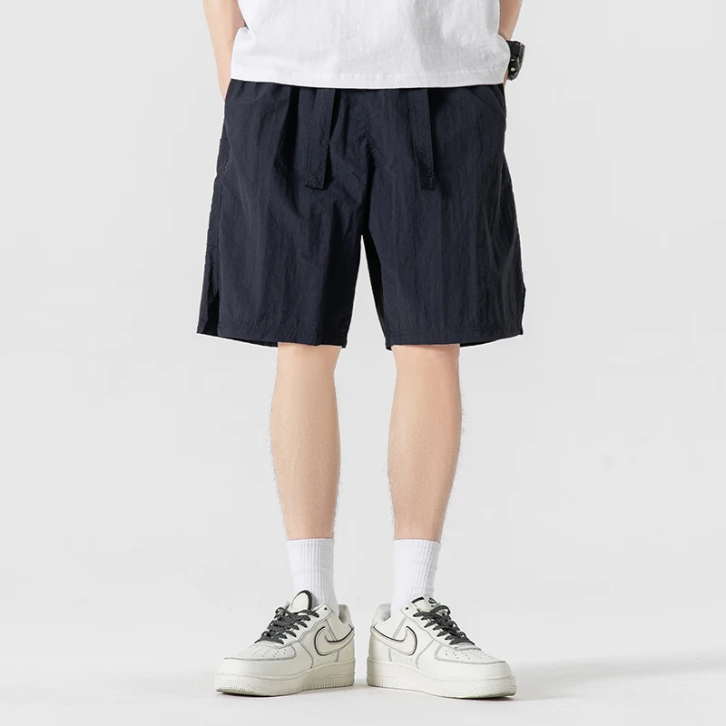 Summer Thin Fashion Trend Casual Shorts Men's Solid Elastic Waist Drawstring Patchwork Pockets Korean Versatile Straight Shorts